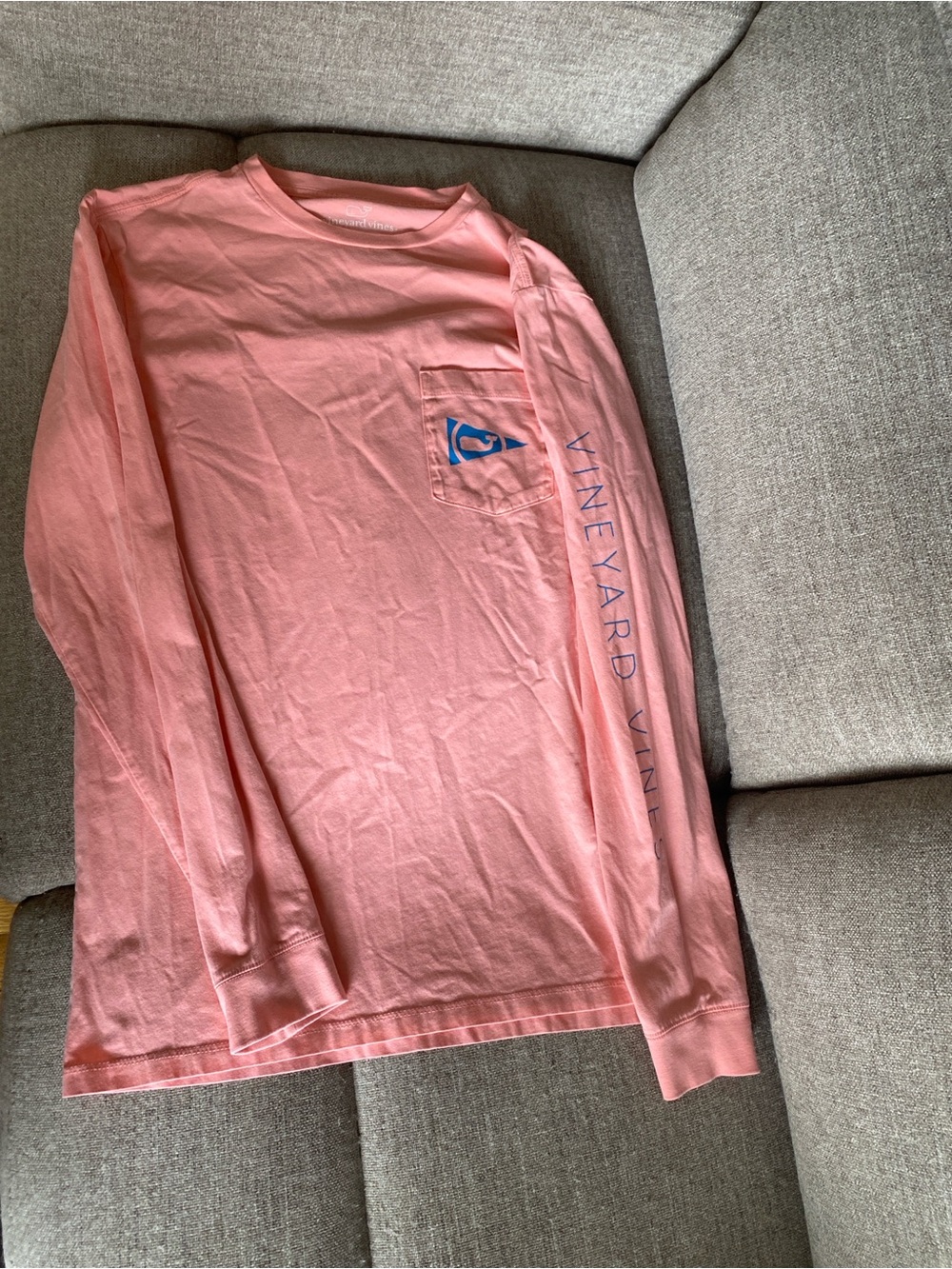 Vineyard Vines Coral Pink Long Sleeve Pocket Tee with Blue Logo